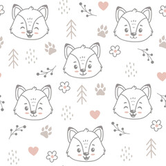  Seamless pattern with cute cartoon fox , hand drawn forest background with flowers, paws and dots. Vector illustration
