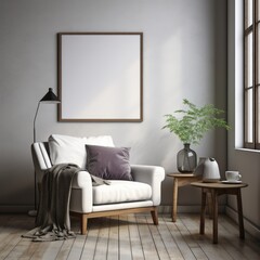 Blank picture frame mockup with luxury sofa on living room. Generative AI