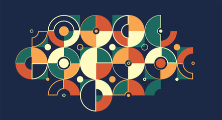 Obraz premium Abstract geometric artistic vector background in ethnic colors, colorful Bauhaus style wallpaper with circles triangles and lines, pattern artwork over dark.