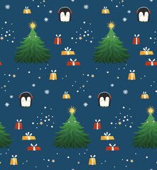 Seamless pattern. Collection of the Christmas tree, gifts, snowflakes and penguin