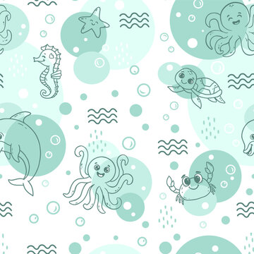 Seamless pattern. Sea animals on a transparent background for interior design, curtains for the bathroom,  wallpaper, children's clothing, cards, packaging