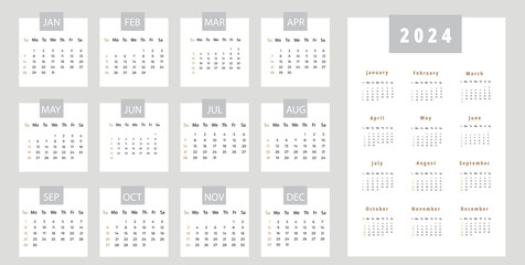 Vector calendar for 2024 year design with simple graphic for office planning with months and weeks. Annual daily organizer template