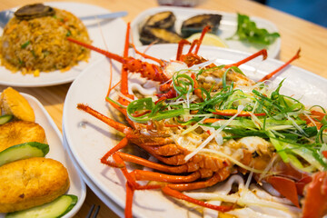 Chinese style seafood arranged dishes in restaurant
