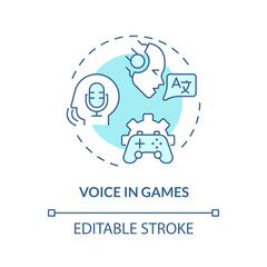 2D editable voice in games thin line blue icon concept, isolated vector, illustration representing voice assistant.