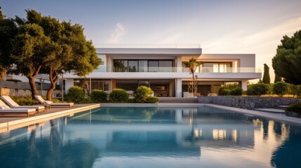 Fototapeta premium Contemporary Villa with Pool and Garden. Generative AI