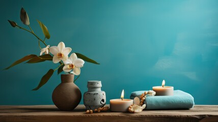 Spa conceptual image with copy space with white orchids and candles created with Generative AI