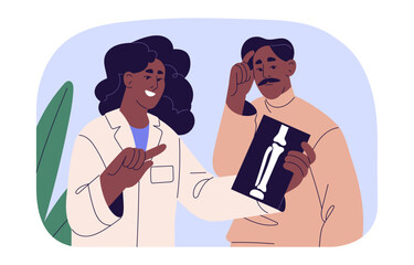 Doctor check xray. Patient and radiologist look at x ray on medical examination in clinic. Radiogram diagnostic, health checkup, people in radiology office. Flat isolated vector illustration on white