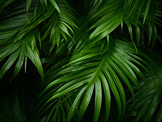 Lush Palm Leaves in Dense Green Jungle Sanctuary.
