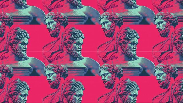 Ancient Greek Statue in risograph style change color background. 4k seamless loop animation video.  Generated AI Video.