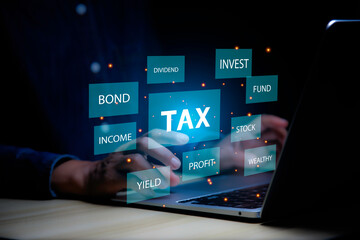 income tax concept. Businessman pointing to tax icon. income tax system icon around. pay online...