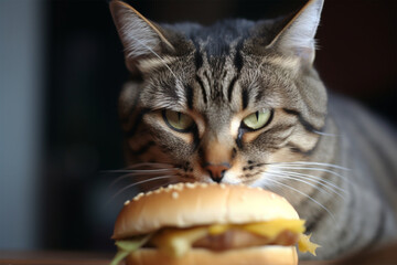 a cat is eating a burger