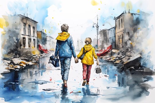Refugees in Ukraine. Mother and daughter holding hands in the demolished city. Generative Ai illustration
