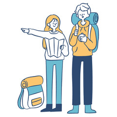 Couple hiking cartoon illustration