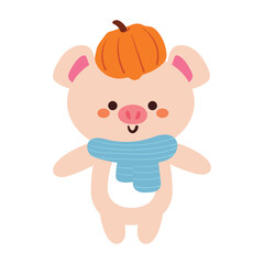 hand drawing cartoon pig with pumpkin. cute halloween and autumn season decor element sticker. design for card, print