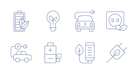 Green energy icons. Editable stroke. Containing eco battery, light bulb, electric car, socket, eco car, battery, plug.