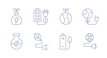 Green energy icons. Editable stroke. Containing flask, eco battery, earth, planet, biomass, electricity, battery, energy.