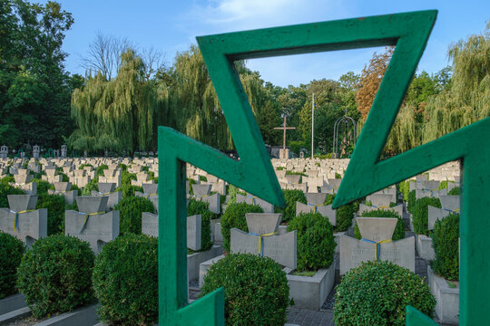Lviv, Ukraine - 28 August 2023: Memorial of Ukrainian Sich Riflemen at Yaniv cemetery.