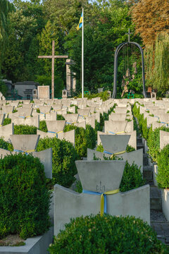Lviv, Ukraine - 28 August 2023: Memorial of Ukrainian Sich Riflemen at Yaniv cemetery.