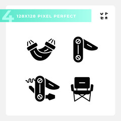 2D pixel perfect glyph style icons set representing hiking gear, isolated silhouette illustration.