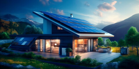 Modern eco private house with solar energy panels and smart home technology. Electric car near charging station. Renewable energy concept. Generative Ai - obrazy, fototapety, plakaty