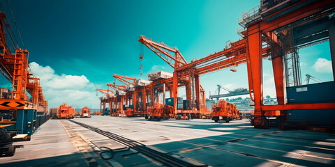 Industrial cranes lifting and moving heavy materials in a dockyard. Generative Ai - obrazy, fototapety, plakaty