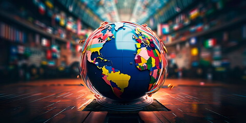 globe surrounded by flags of different countries, representing the diverse geopolitical landscape. Generative Ai - obrazy, fototapety, plakaty
