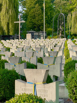 Lviv, Ukraine - 28 August 2023: Memorial of Ukrainian Sich Riflemen at Yaniv cemetery.