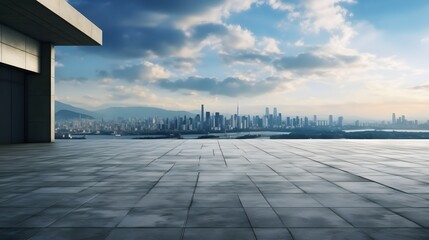 Empty square floor and city skyline with building background, AI generative