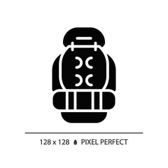 2D pixel perfect glyph style backpack icon, isolated vector, hiking gear silhouette illustration.