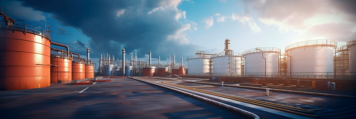 pipeline terminal, where materials are stored before distribution, featuring storage tanks and loading docks. Generative AI