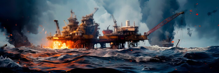 An oil rig disaster at sea, with oil slicks spreading across the ocean surface and threatening marine life. Generative AI - obrazy, fototapety, plakaty