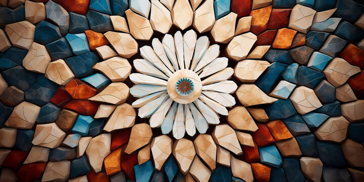 marble background with an artistic arrangement of stone ceramic tiles, resembling a mandala-inspired pattern. Generative AI