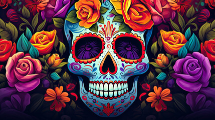 Day of the Dead background. Mexican festival art decoration with sugar skull mask and flowers.