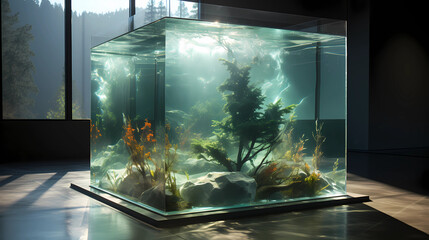 an art gallery with an aquarium