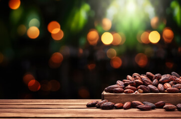 Empty rustic old wooden boards table copy space with cacao plants in jungle landscape background. Some cocoa beans on desk. Chocolate product display template. Generative AI