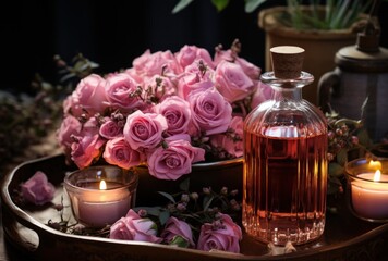 Romantic Candlelit Aromatherapy Table with Pink Roses and Flowering Plants