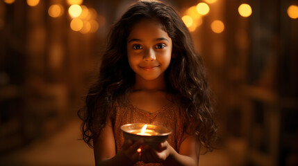 Obraz na płótnie Canvas Young Indian Girl Holding Diwali Oil Lamp