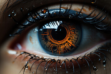 hyper-realistic, the eye of a humanoid android, anamorphic bokeh, ai generated.