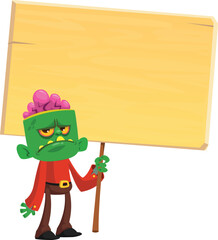 Cartoon zombie holding wooden sign. Vector illustration isolated. .Halloween design element for banner, postcard, poster.