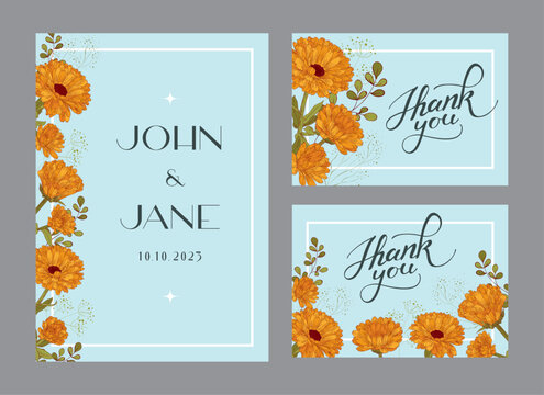 Invitation template with gratitude, painted calendula flowers on a blue background.