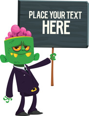 Cartoon zombie holding wooden sign. Vector illustration isolated. .Halloween design element for banner, postcard, poster.