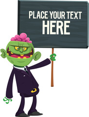Cartoon zombie holding wooden sign. Vector illustration isolated. .Halloween design element for banner, postcard, poster.