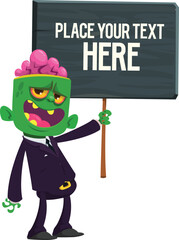 Cartoon zombie holding wooden sign. Vector illustration isolated. .Halloween design element for banner, postcard, poster.