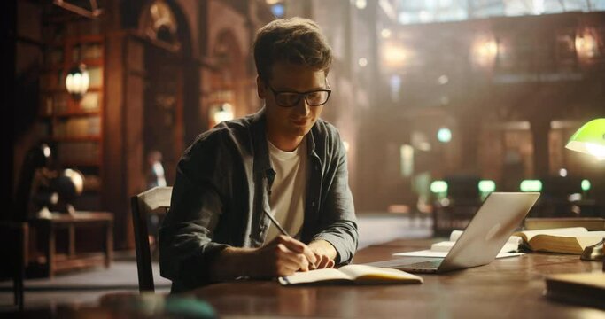 Thoughtful College Student Using Laptop Computer to Study in a Classic Library. Handsome Smart Man Learning Online, Getting Ready for Exams, Writing in Notebook and Drafting an Essay