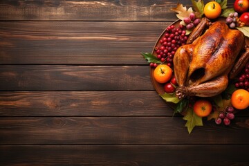 The centerpiece of Thanksgiving: This close-up side view image presents a delectable roasted turkey, inviting family and friends to come together in gratitude. AI generated - obrazy, fototapety, plakaty