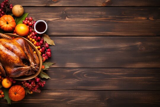 A taste of Thanksgiving: Feast your eyes on this close-up top view image of a savory roasted turkey, ready to be enjoyed on the festive table. AI generated