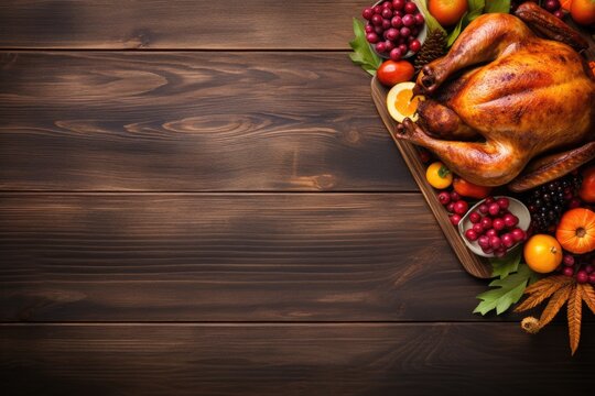 Setting the scene for gratitude: Behold the close-up above view of a delicious roasted turkey, symbolizing the heartwarming Thanksgiving atmosphere. AI generated