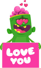 Cartoon zombie holding blank paper banner for text. Vector illustration. Isolated..Halloween design element for banner, postcard, poster.