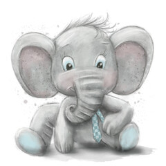 A cute baby elephant boy watercolor illustration digital drawing with textures and splashes to make it unique and interesting. Ideal for baby shower, baby invitations and printing.