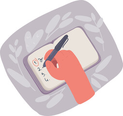 Vector illustration of Motivation and aiming for new life concept. Human hands making list with pen of resolutions for starting new life writing in planner and making notes. Top view